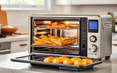 Countertop air fryer oven cooking crispy fries and vegetables in a modern kitchen