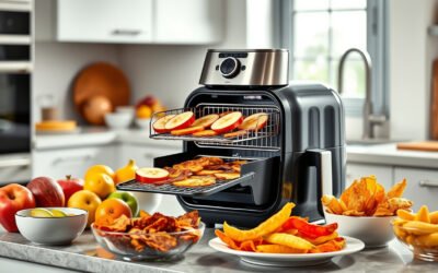 Air fryer with dehydrated fruit chips and meal prep foods on a kitchen counter