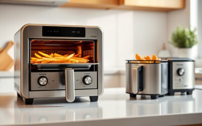 Dial-control air fryers on a kitchen counter with crispy food inside