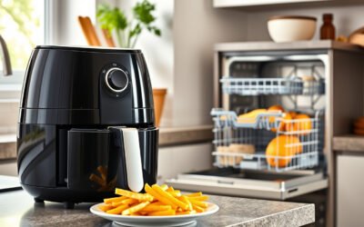 Modern air fryer with removable basket beside food and an open dishwasher in a bright kitchen