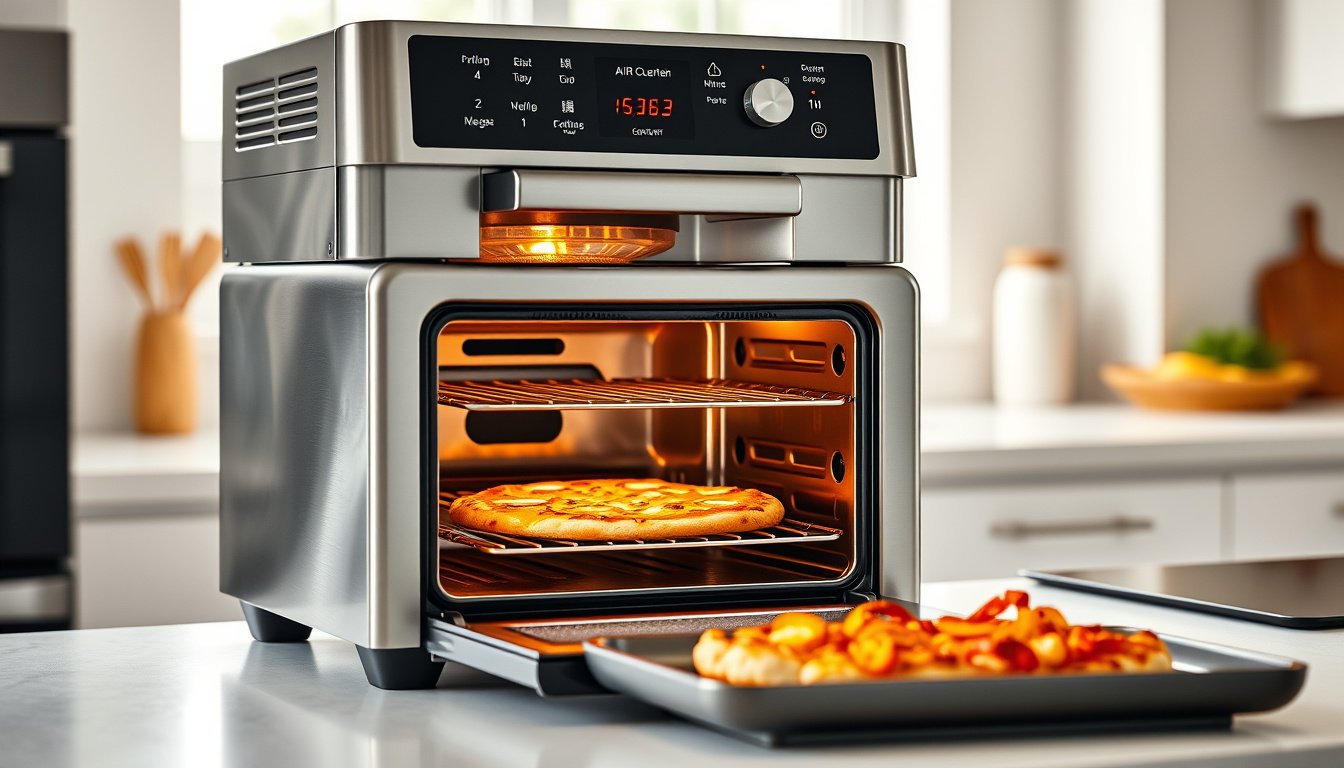 Modern dual-heating air fryer oven crisping a pizza on a kitchen counter