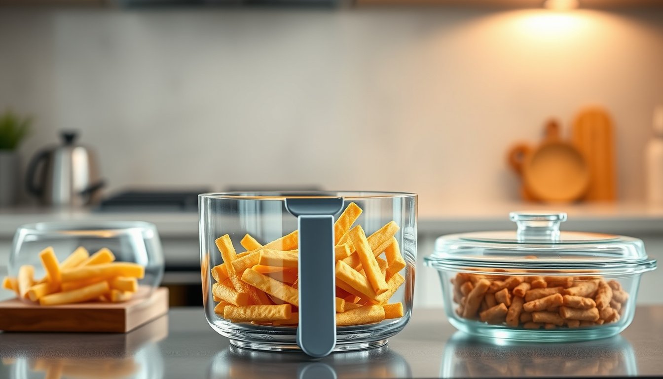 Glass-basket air fryer cooking crispy food on a modern kitchen counter