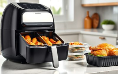 Dual-zone air fryer with removable divider cooking chicken and vegetables on a kitchen counter