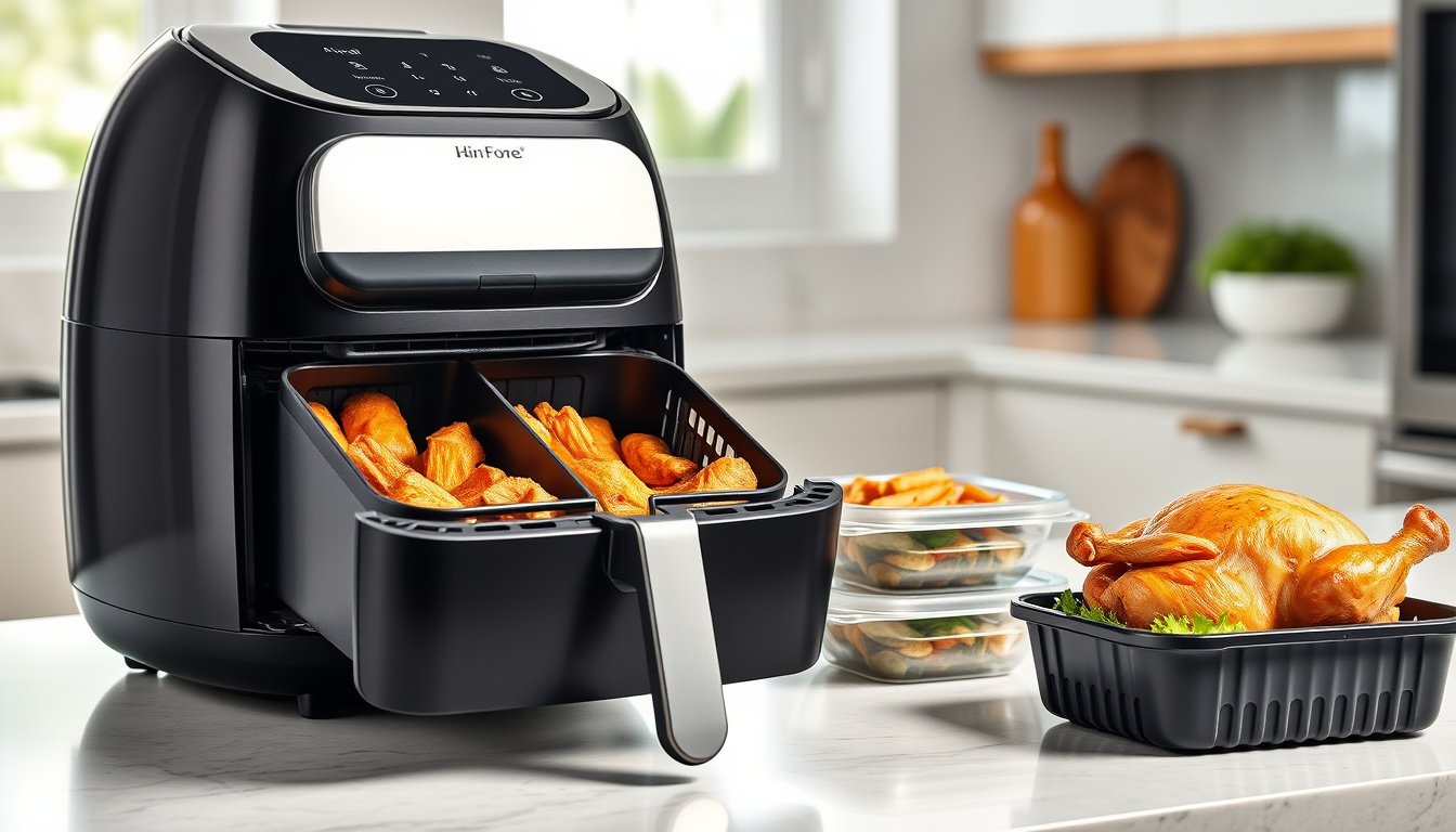 Dual-zone air fryer with removable divider cooking chicken and vegetables on a kitchen counter