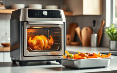 Air fryer oven with rotisserie chicken on a modern kitchen counter