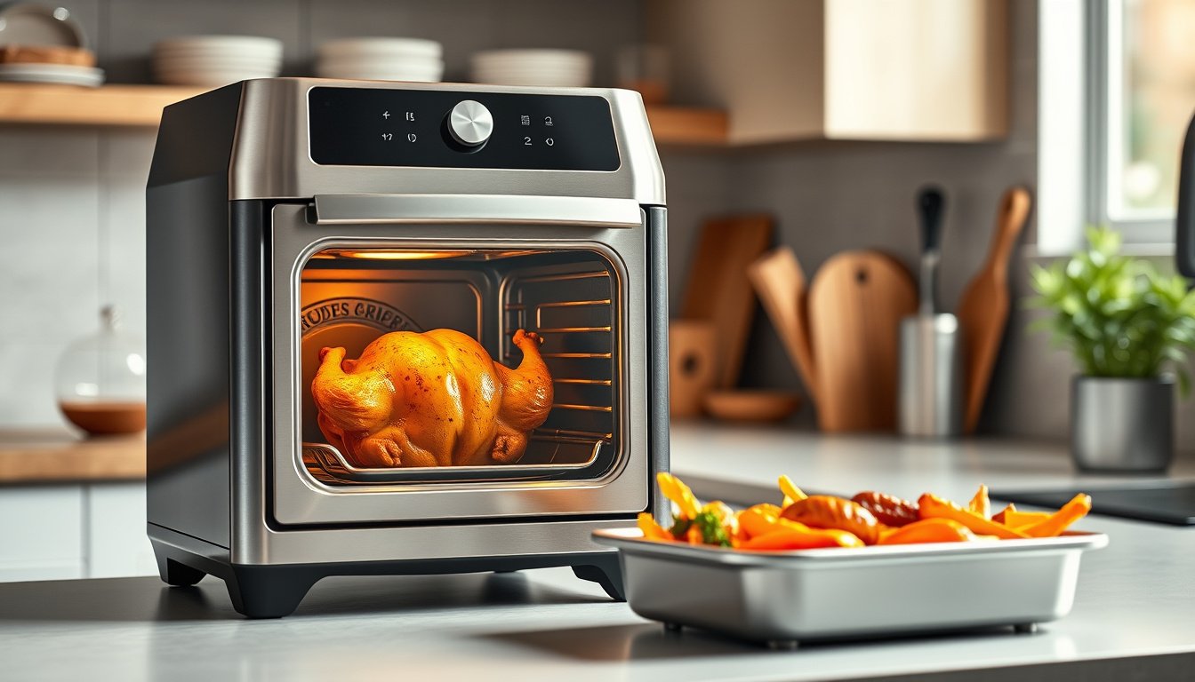 Air fryer oven with rotisserie chicken on a modern kitchen counter