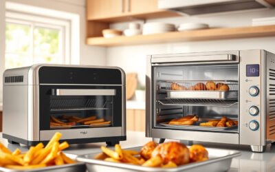 Stainless steel air fryers with crispy fries, chicken, and roasted vegetables on a kitchen counter