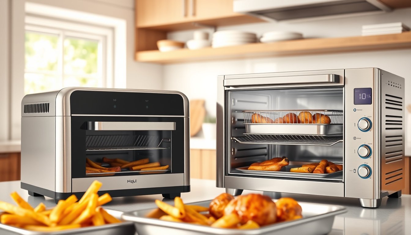 Stainless steel air fryers with crispy fries, chicken, and roasted vegetables on a kitchen counter