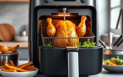 Air fryer with temperature probe cooking a roasted chicken on a modern kitchen counter