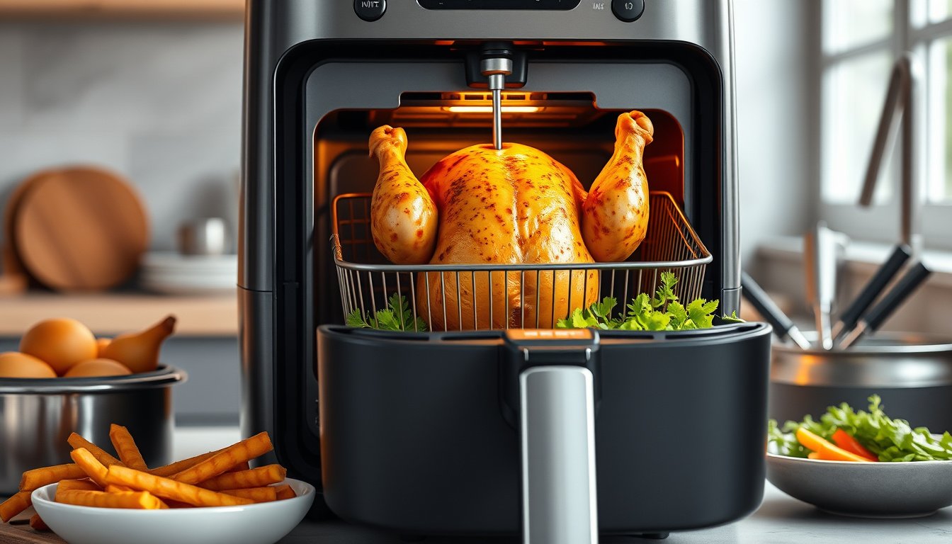 Air fryer with temperature probe cooking a roasted chicken on a modern kitchen counter