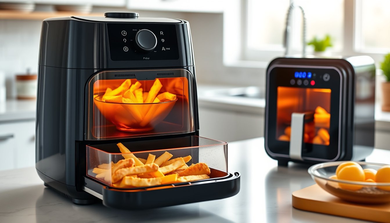 Modern air fryer with viewing window showing crispy food cooking on a kitchen countertop