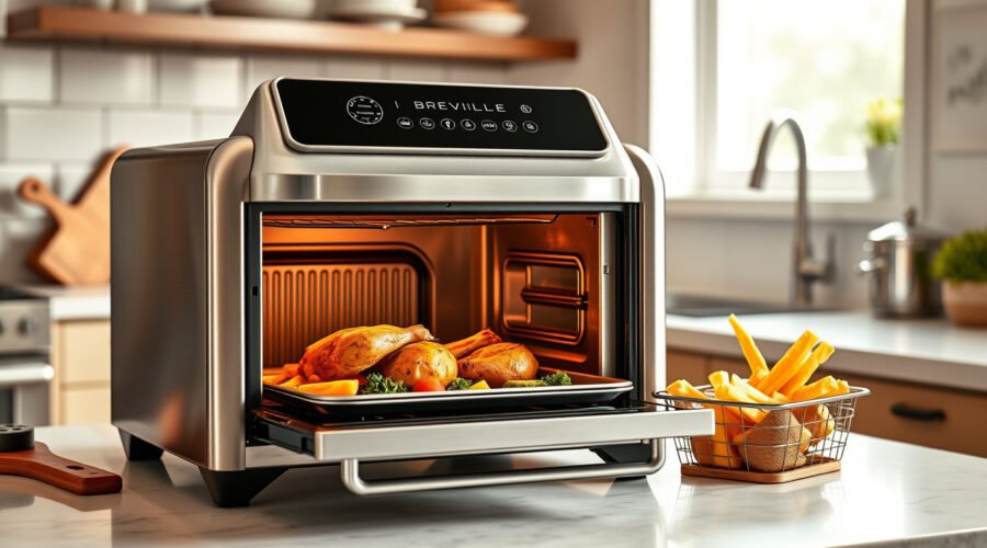 Stainless air fryer toaster oven cooking roast chicken and vegetables on a modern kitchen counter
