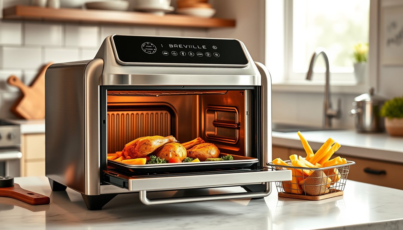 Stainless air fryer toaster oven cooking roast chicken and vegetables on a modern kitchen counter