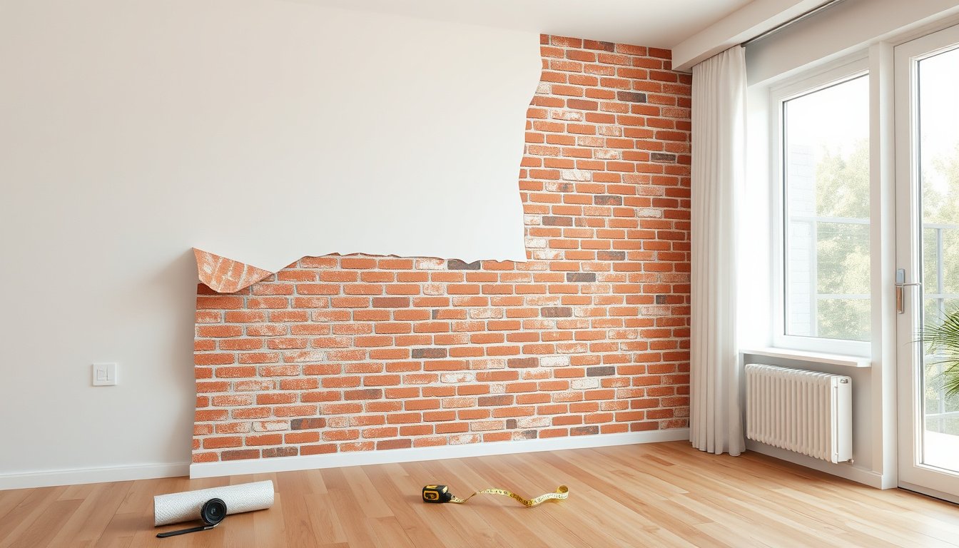 Hands installing realistic peel-and-stick brick wallpaper on an apartment accent wall