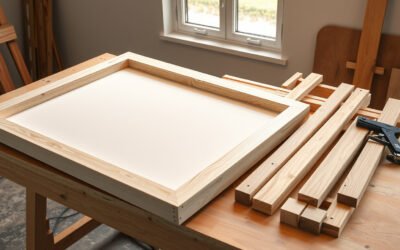 Wooden canvas stretcher bars and a partially stretched canvas on an artist studio workbench