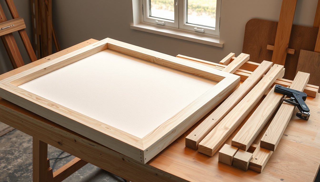 Wooden canvas stretcher bars and a partially stretched canvas on an artist studio workbench
