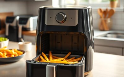 Ceramic air fryer basket with crispy food on a bright kitchen countertop