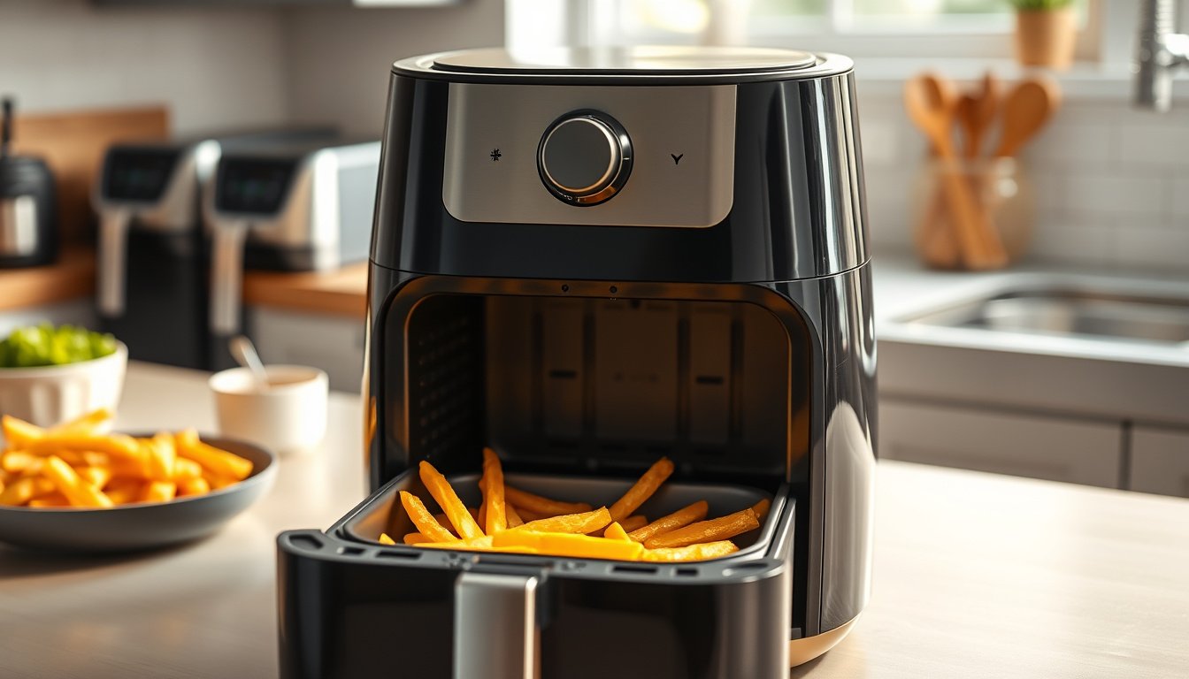 Ceramic air fryer basket with crispy food on a bright kitchen countertop
