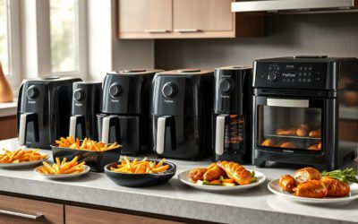 Lineup of different Chefman-style air fryers on a kitchen counter with cooked foods nearby