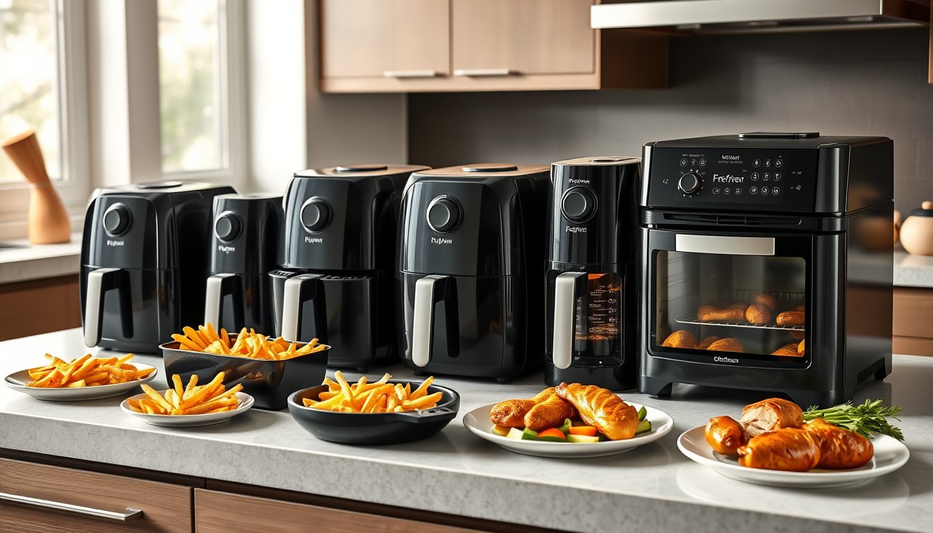 Lineup of different Chefman-style air fryers on a kitchen counter with cooked foods nearby