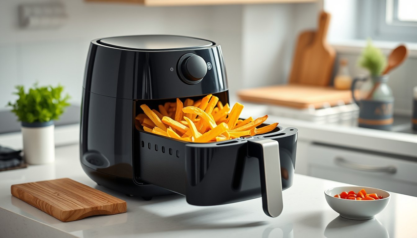 Compact mini air fryer on a small kitchen counter with crispy fries and roasted vegetables