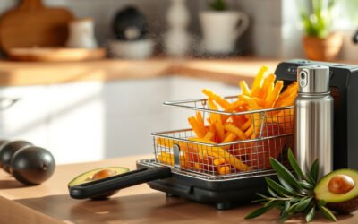 Air fryer basket with crispy food being coated by a fine mist from an unbranded cooking oil spray.