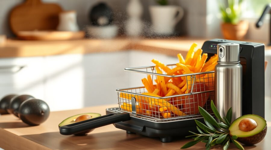 Air fryer basket with crispy food being coated by a fine mist from an unbranded cooking oil spray.