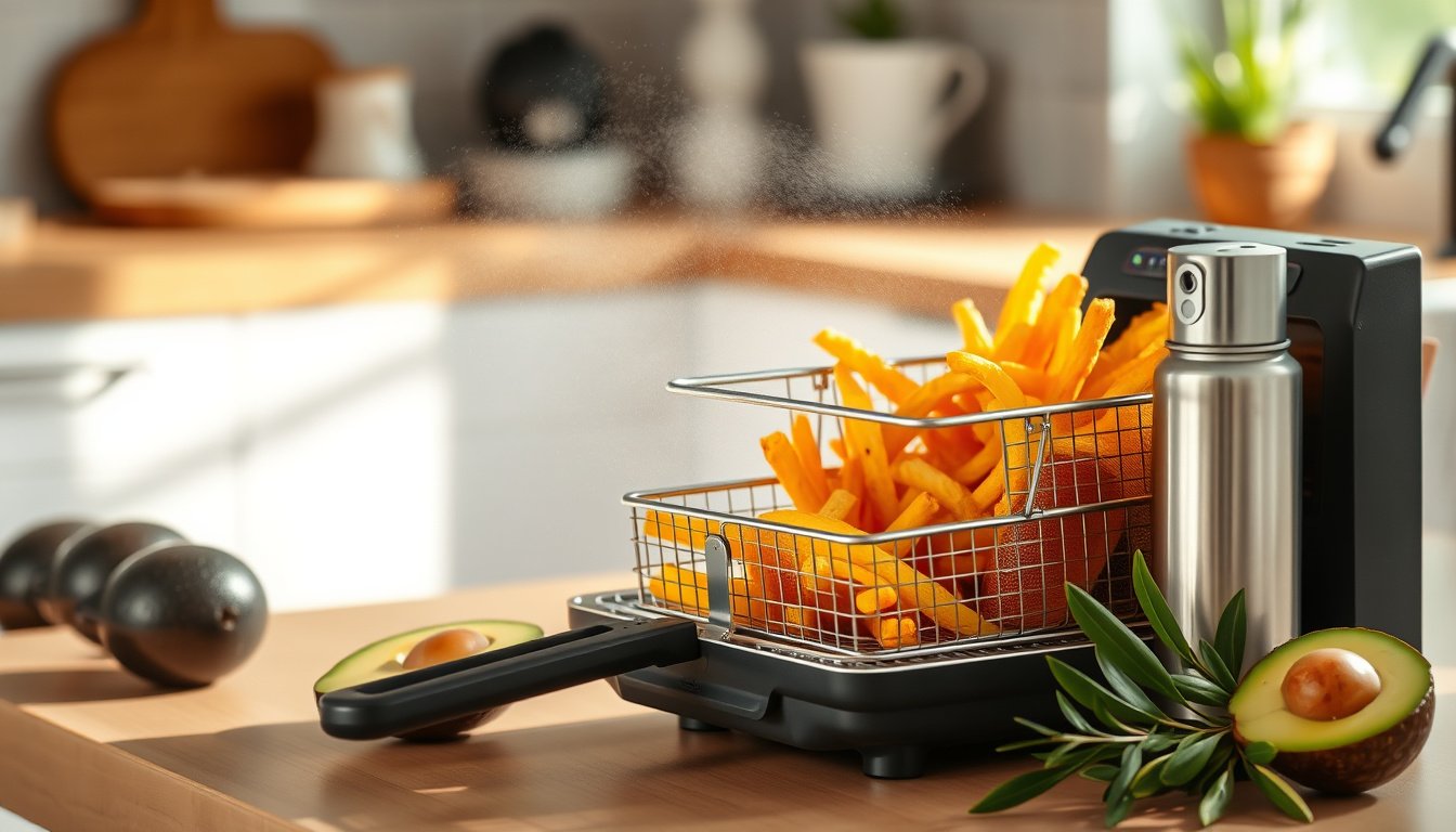 Air fryer basket with crispy food being coated by a fine mist from an unbranded cooking oil spray.