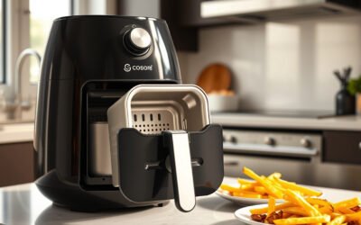 Cosori-style air fryer with replacement basket and air-fried food on a kitchen counter