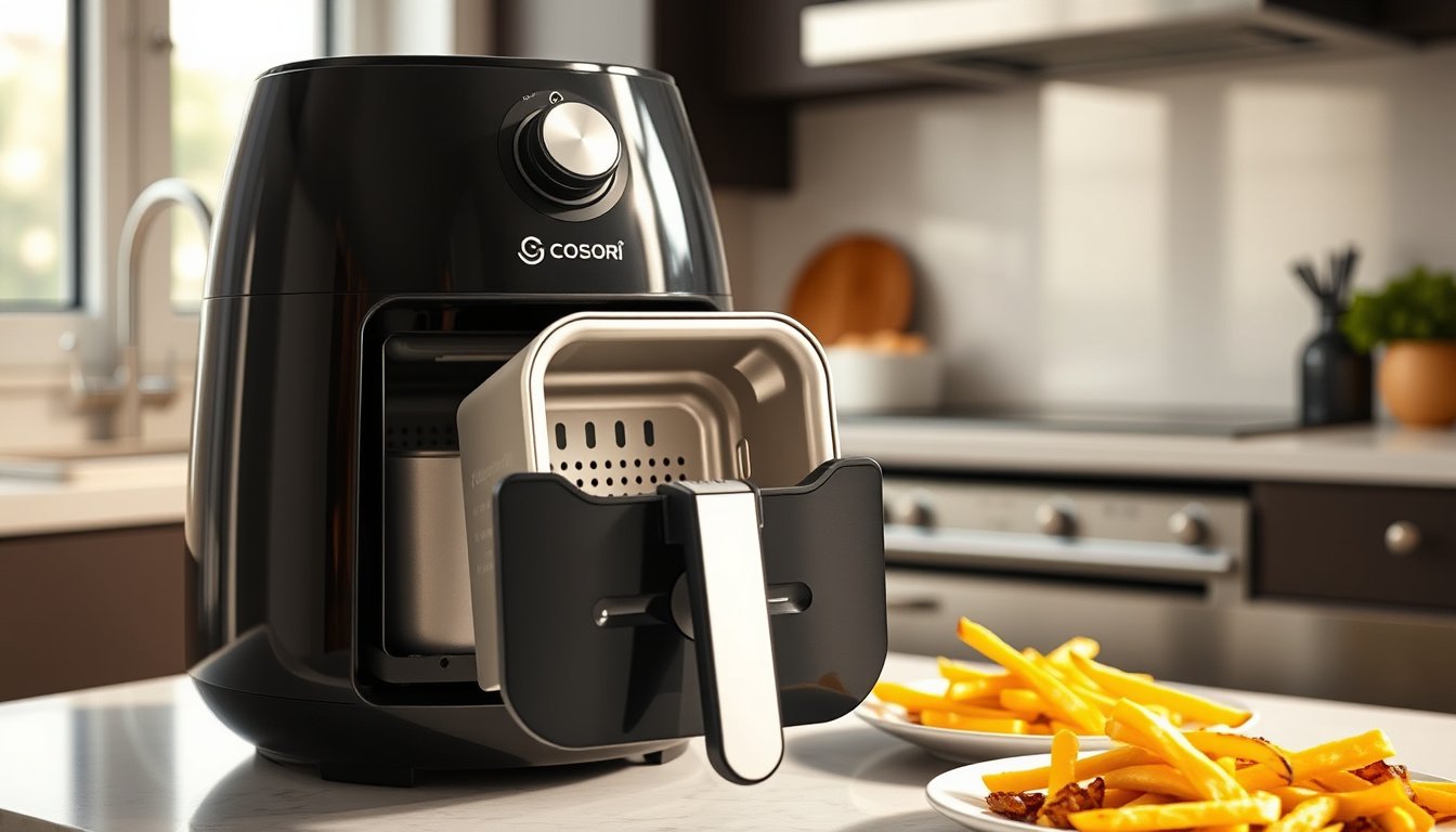Cosori-style air fryer with replacement basket and air-fried food on a kitchen counter