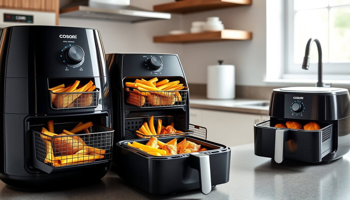 COSORI-style air fryers on a kitchen counter with crispy foods in open baskets