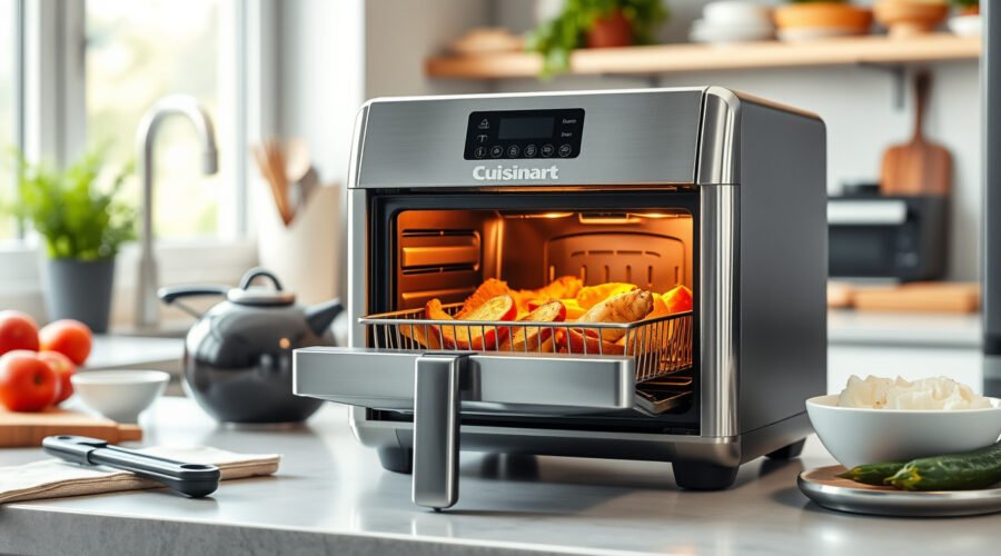 Cuisinart-style air fryer toaster oven with crispy food on a modern kitchen counter