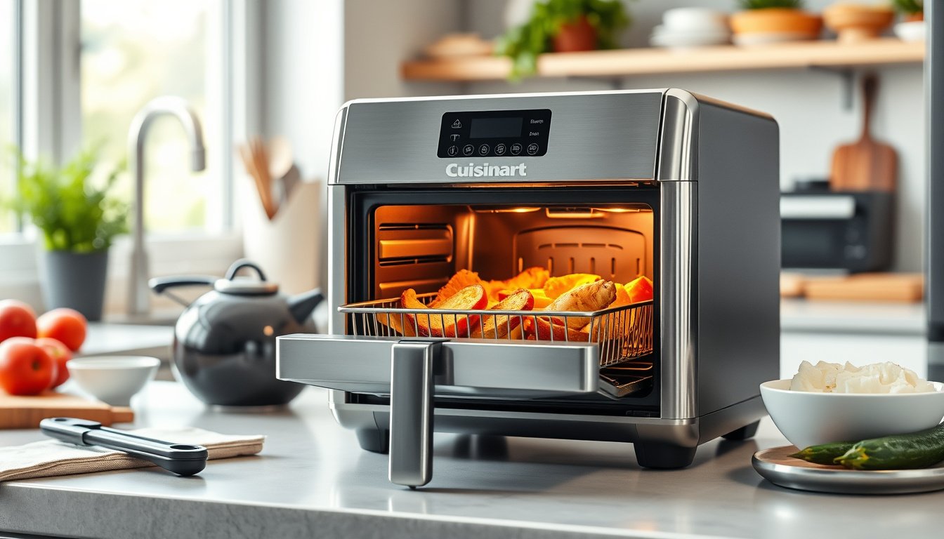 Cuisinart-style air fryer toaster oven with crispy food on a modern kitchen counter