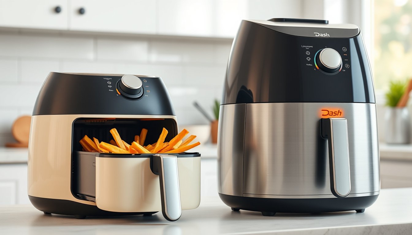 Two modern air fryers on a kitchen counter with crispy fries, chicken, and vegetables.