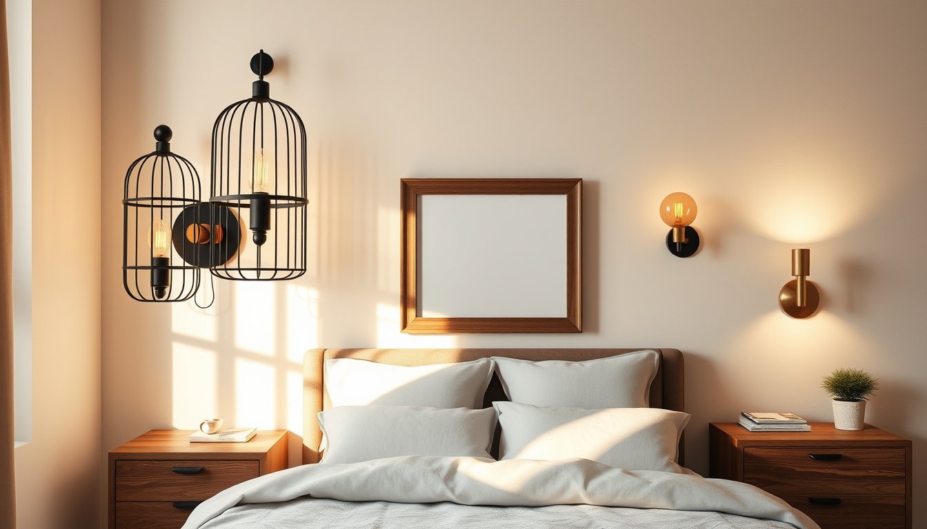 Decorative wall sconces casting warm light in a stylish bedroom interior