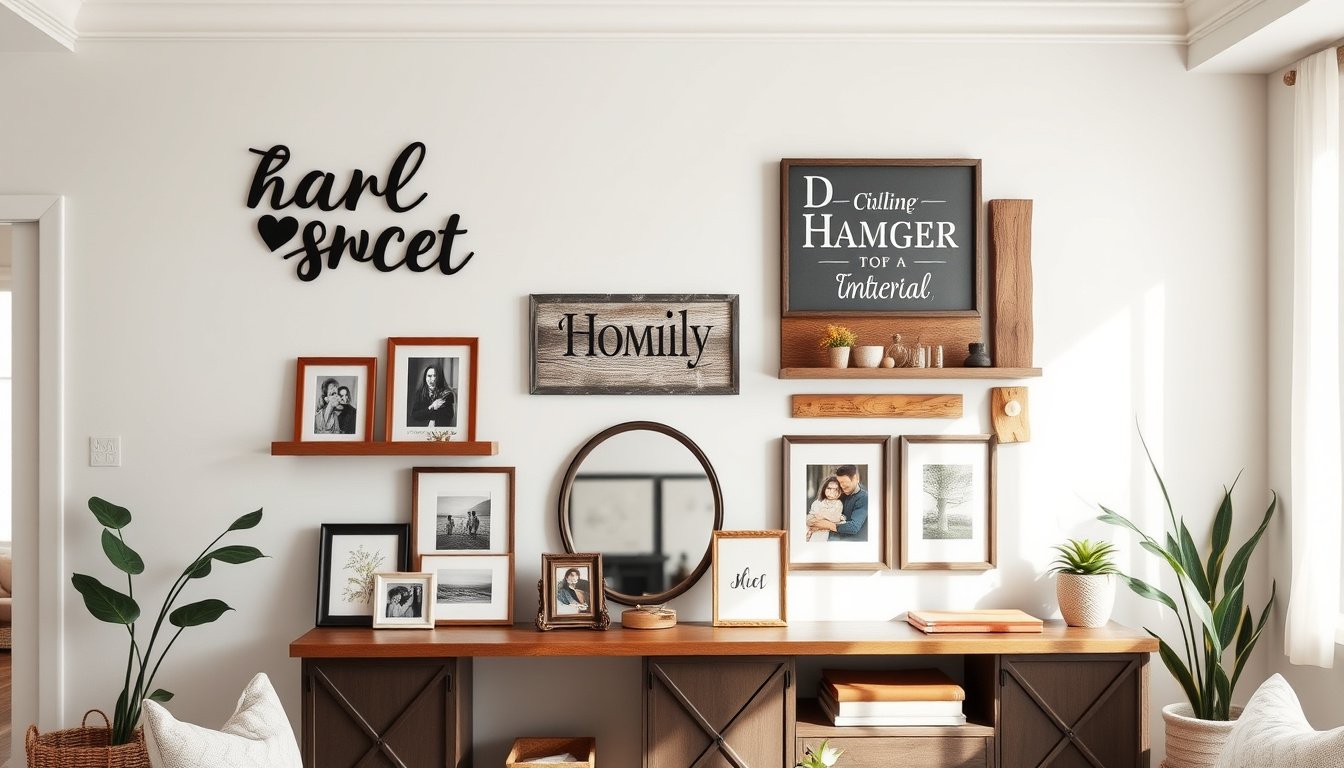 Decorative wall signs arranged on a modern farmhouse gallery wall above a console table