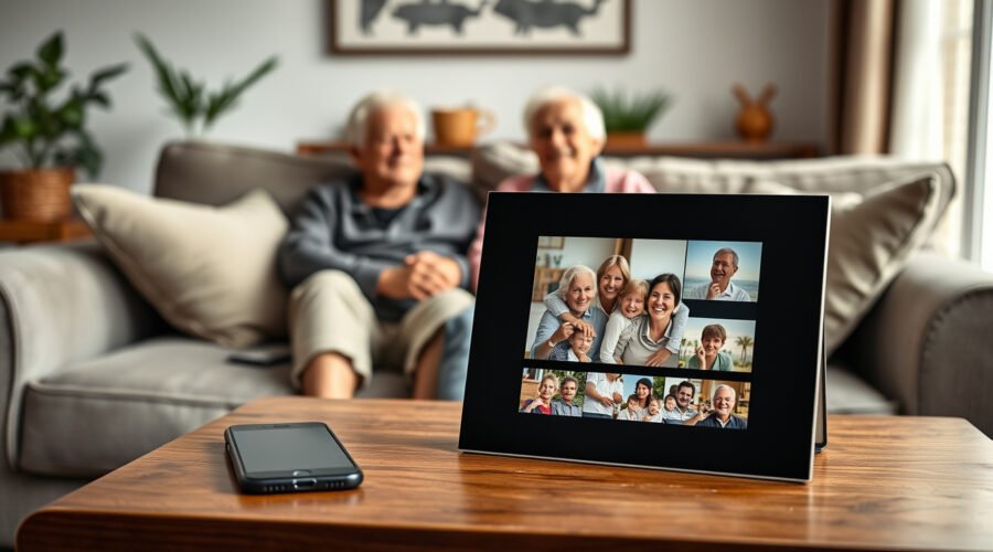 Digital picture frame on a cozy table helping grandparents view family photos