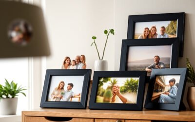 Digital picture frames displaying family photos on a bright home shelf