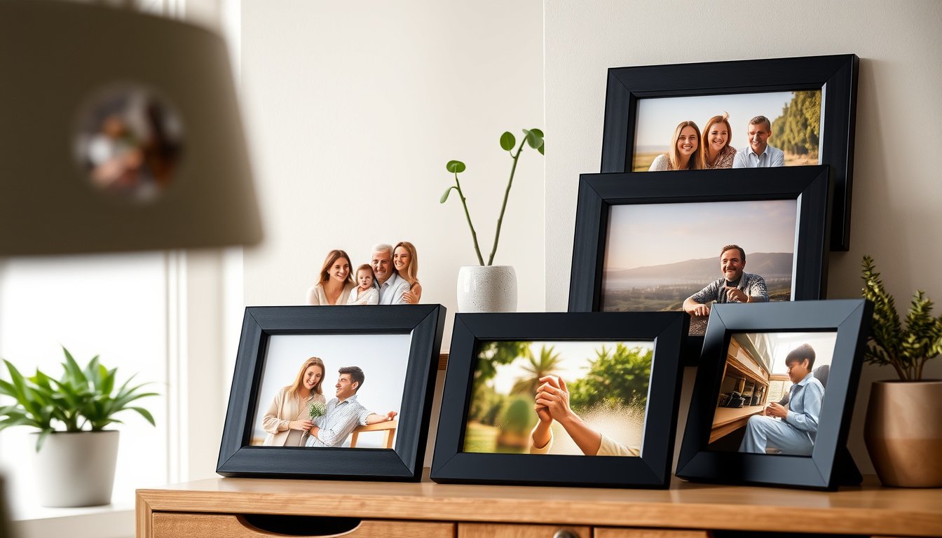 Digital picture frames displaying family photos on a bright home shelf