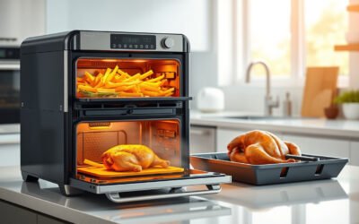 Double oven air fryer cooking fries, vegetables, and roast chicken on a kitchen countertop