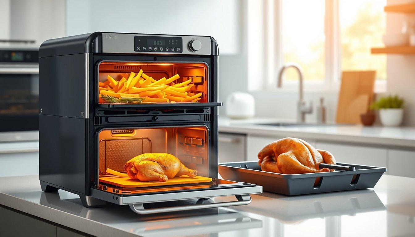 Double oven air fryer cooking fries, vegetables, and roast chicken on a kitchen countertop