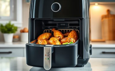 Dreo-style air fryer cooking crispy chicken and vegetables on a modern kitchen counter