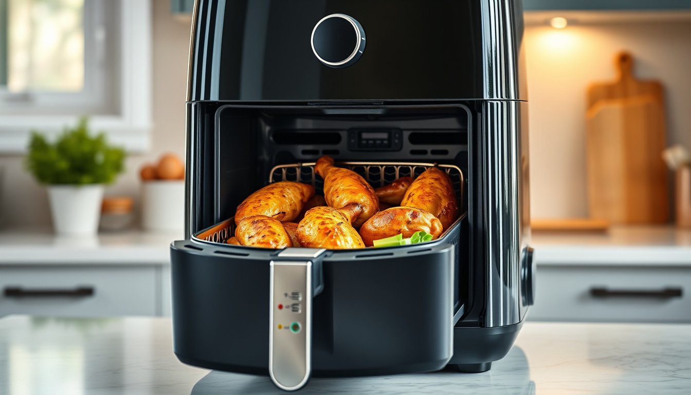 Dreo-style air fryer cooking crispy chicken and vegetables on a modern kitchen counter