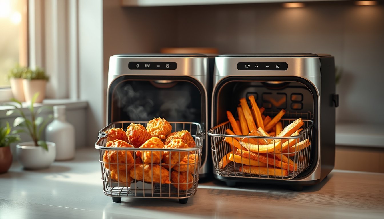 Modern dual-basket air fryer cooking chicken and vegetables on a clean kitchen counter