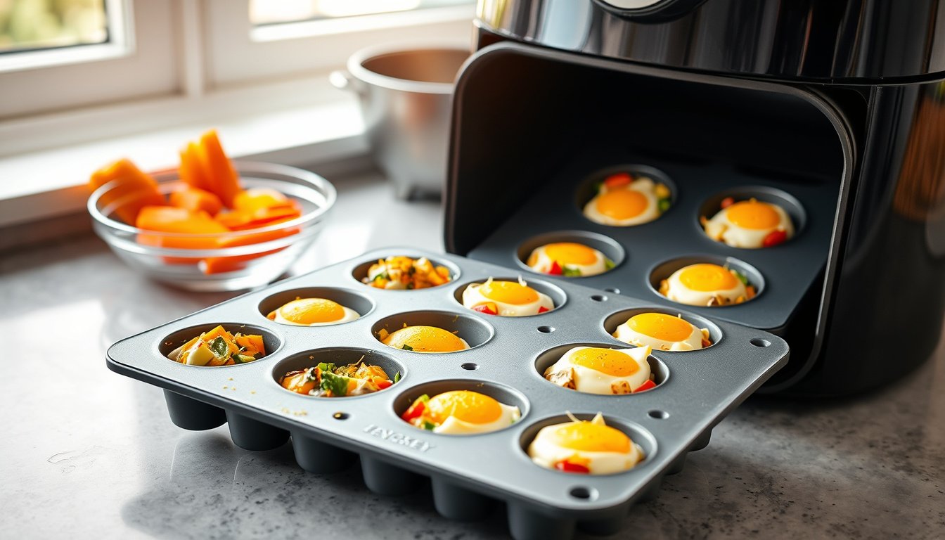 Silicone egg bite mold with cooked egg bites beside an open air fryer on a kitchen counter