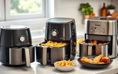 Three air fryers on a bright kitchen counter with crispy food and fresh vegetables