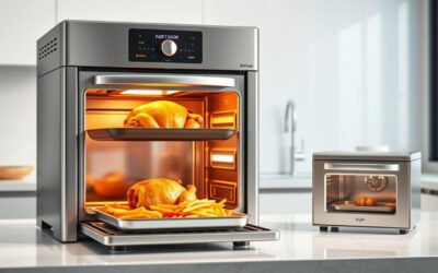 Stainless steel air fryer ovens cooking crispy chicken, fries, and vegetables on a kitchen counter