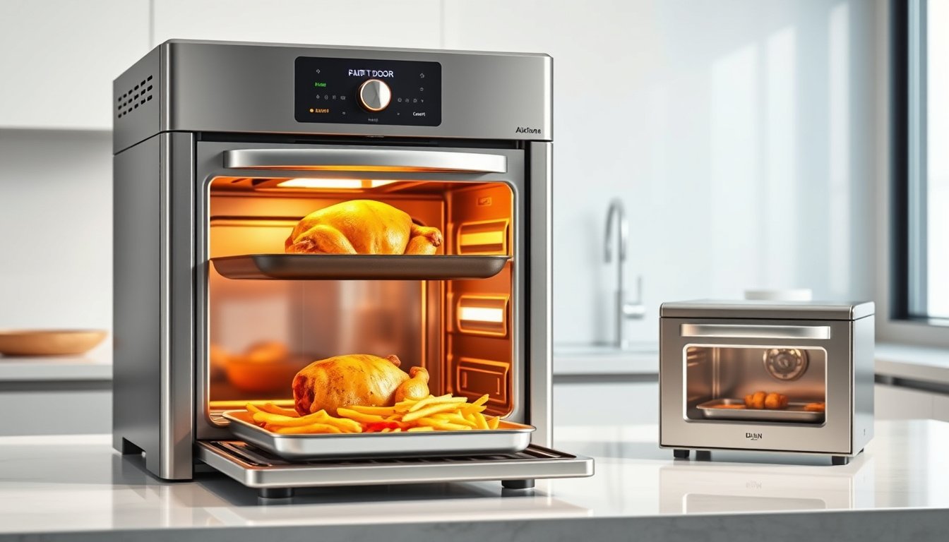 Stainless steel air fryer ovens cooking crispy chicken, fries, and vegetables on a kitchen counter