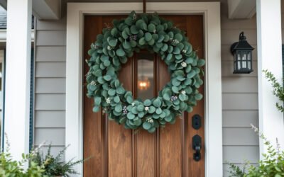 Artificial eucalyptus wreath on a welcoming front door in natural light