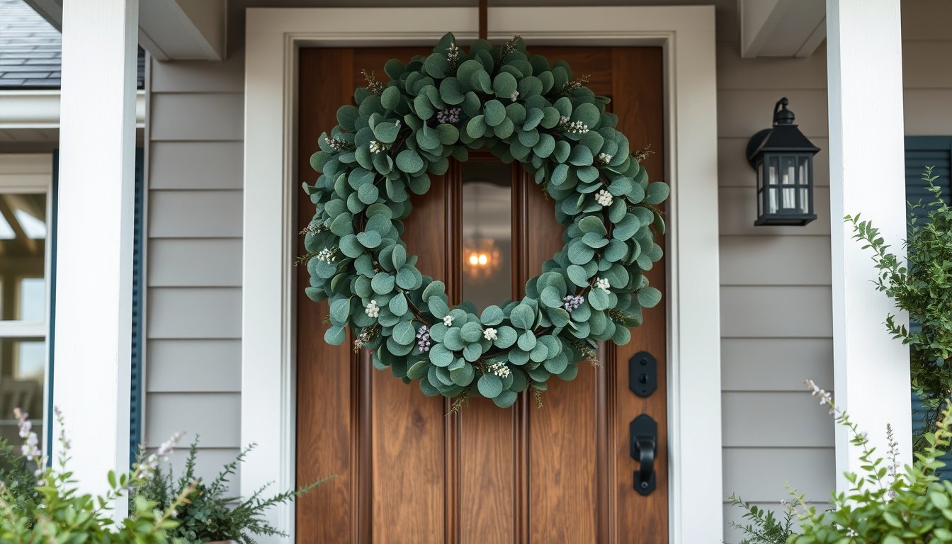 Artificial eucalyptus wreath on a welcoming front door in natural light